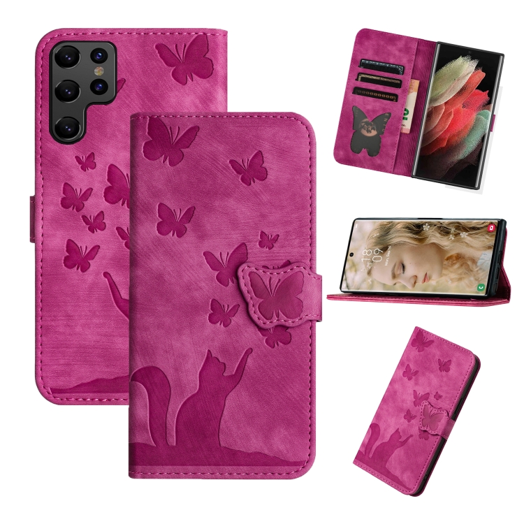 

For Samsung Galaxy S25 Ultra 5G Butterfly Cat Embossing Flip Leather Phone Case(Pink)