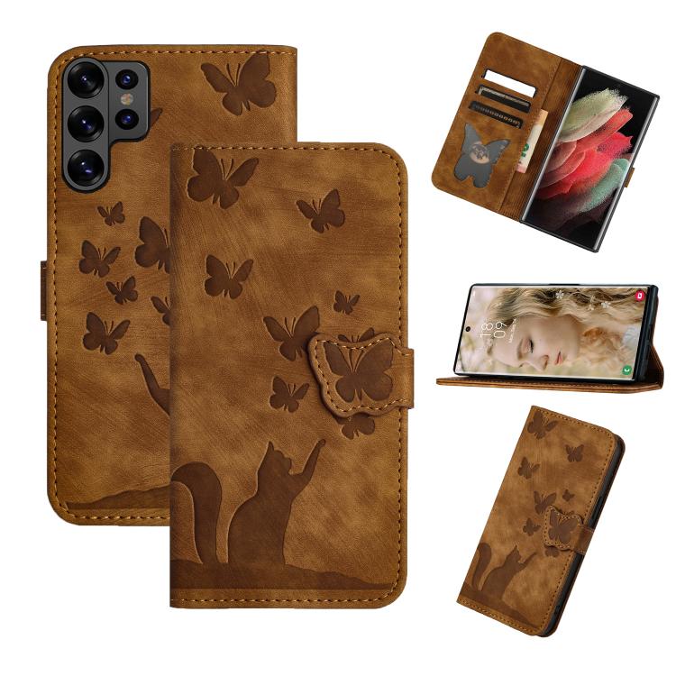 

For Samsung Galaxy S26 Ultra 5G Butterfly Cat Embossing Flip Leather Phone Case(Brown)