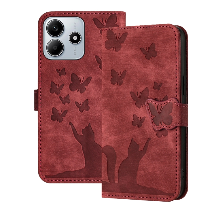 

For Redmi Note 14 5G Butterfly Cat Embossing Flip Leather Phone Case(Red)