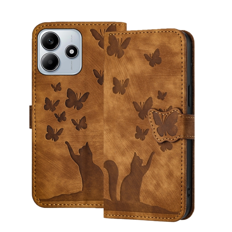 

For Redmi Note 14 5G Butterfly Cat Embossing Flip Leather Phone Case(Brown)