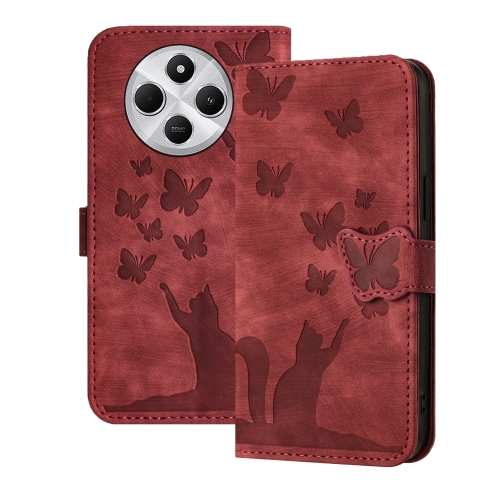

For Redmi 14C 4G Butterfly Cat Embossing Flip Leather Phone Case(Red)