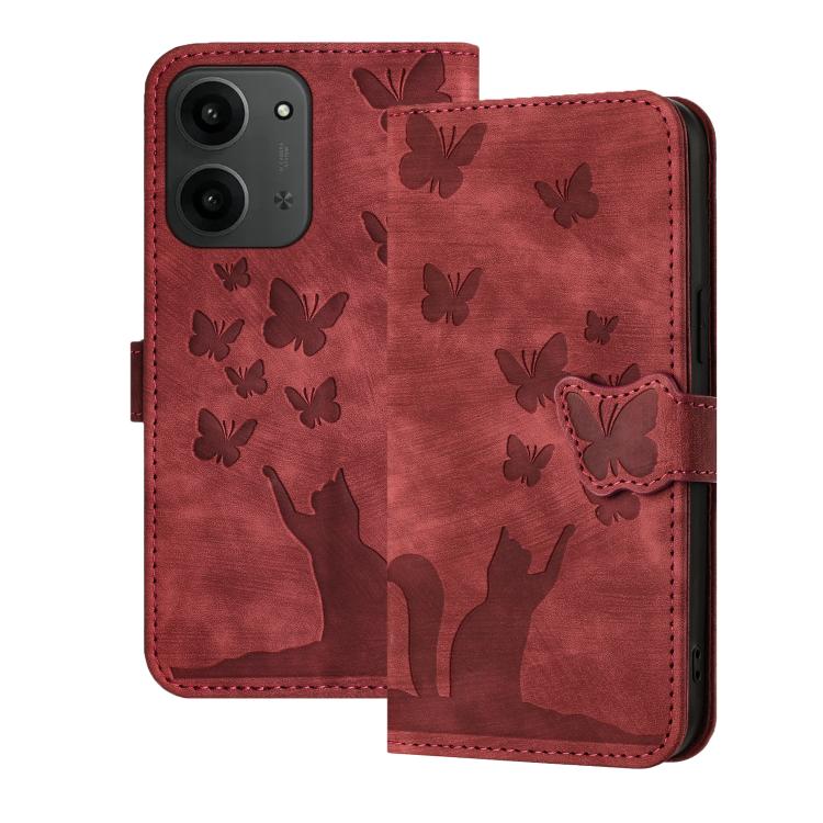 

For Redmi 15C 5G / 4G EU 173mm Butterfly Cat Embossing Flip Leather Phone Case(Red)