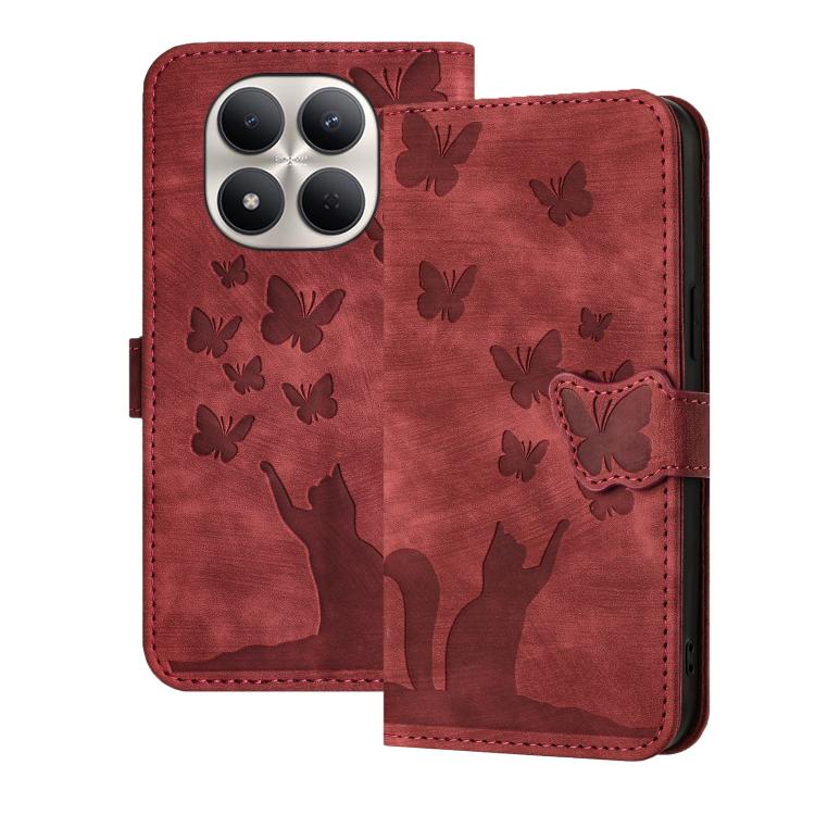 

For Redmi Note 15 Pro 4G Global 163.2mm Butterfly Cat Embossing Flip Leather Phone Case(Red)