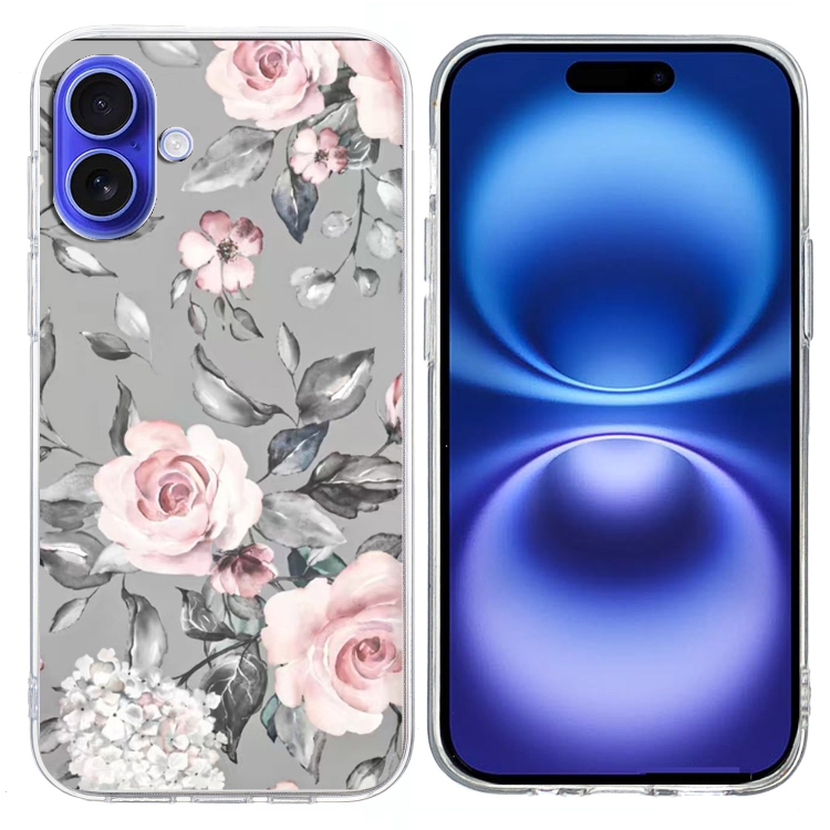 

For iPhone 16 Plus Colorful Painting Pattern TPU Phone Case(Flowers On Grey)
