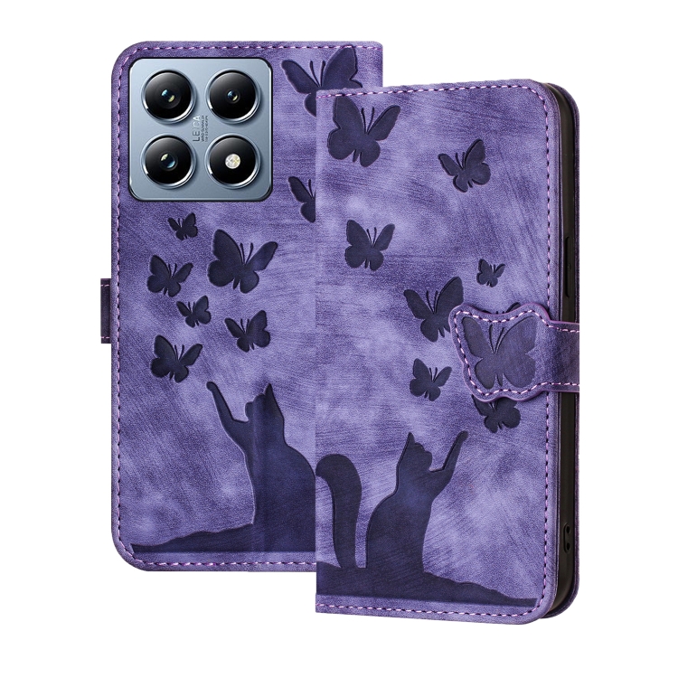 

For Xiaomi 14T Pro Butterfly Cat Embossing Flip Leather Phone Case(Purple)