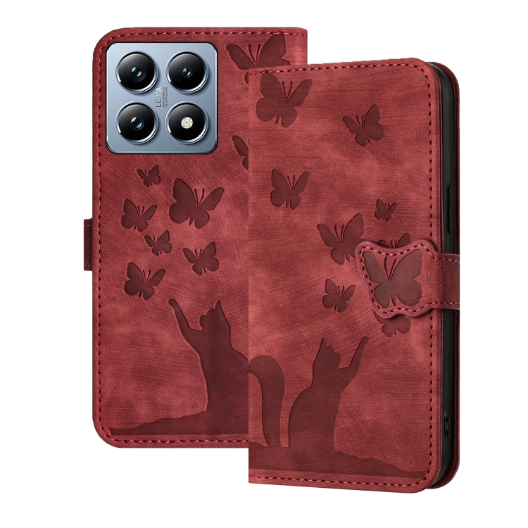 

For Xiaomi 14T Butterfly Cat Embossing Flip Leather Phone Case(Red)