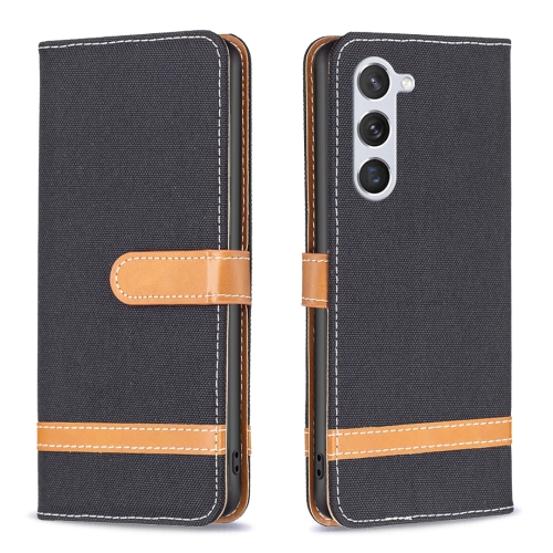 

For Samsung Galaxy S25 5G Color Block Denim Texture Leather Phone Case(Black)