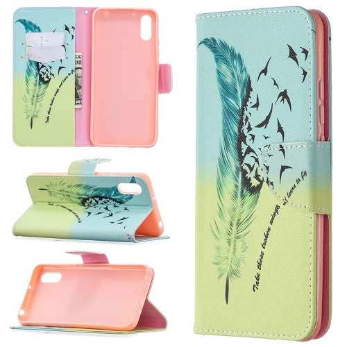 

For Xiaomi Redmi 9A Colored Drawing Pattern Horizontal Flip Leather Case with Holder & Card Slots & Wallet(Feather Bird)