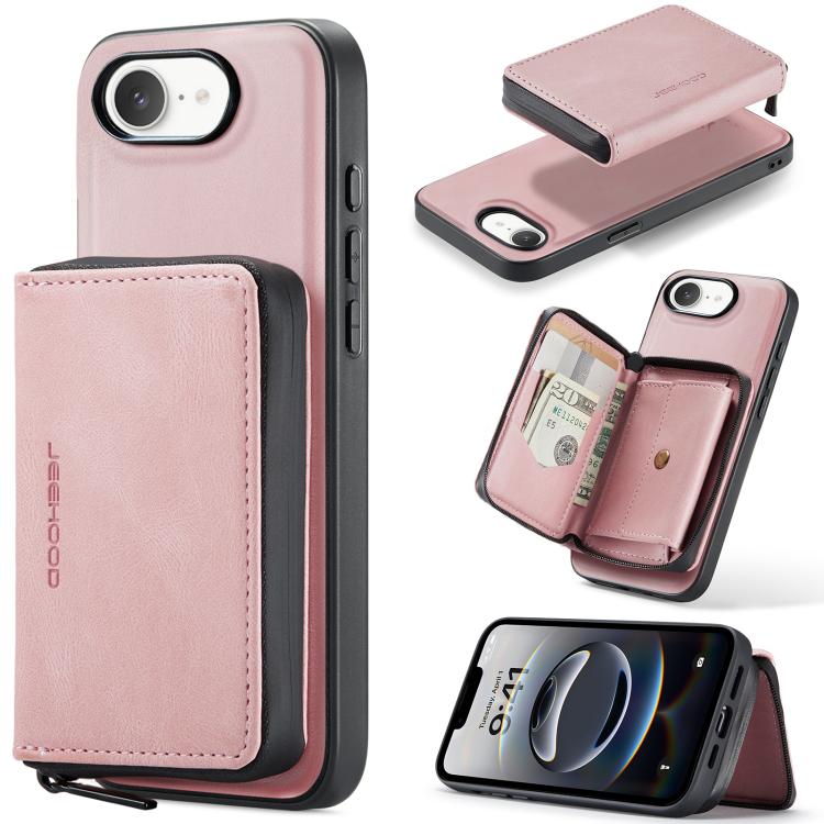 

For iPhone 16e JEEHOOD J02 Magnetic Zipper Horizontal Flip Leather Phone Case(Pink)