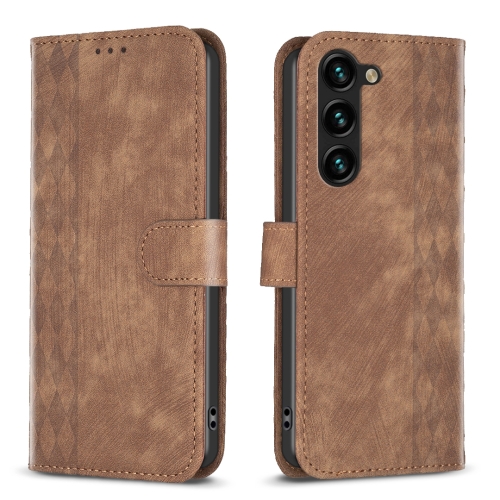 

For Samsung Galaxy S25 5G Plaid Embossed Leather Phone Case(Brown)