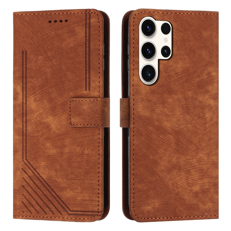 

For Samsung Galaxy S25 Ultra 5G Skin Feel Stripe Pattern Leather Phone Case with Lanyard(Brown)