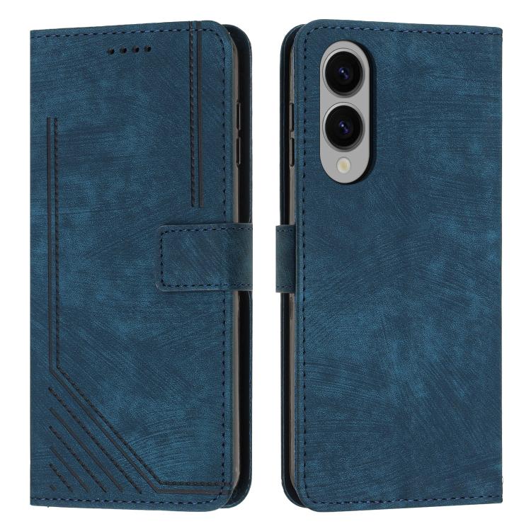 

For Samsung Galaxy S25 Edge 5G Skin Feel Stripe Pattern Leather Phone Case with Lanyard(Blue)