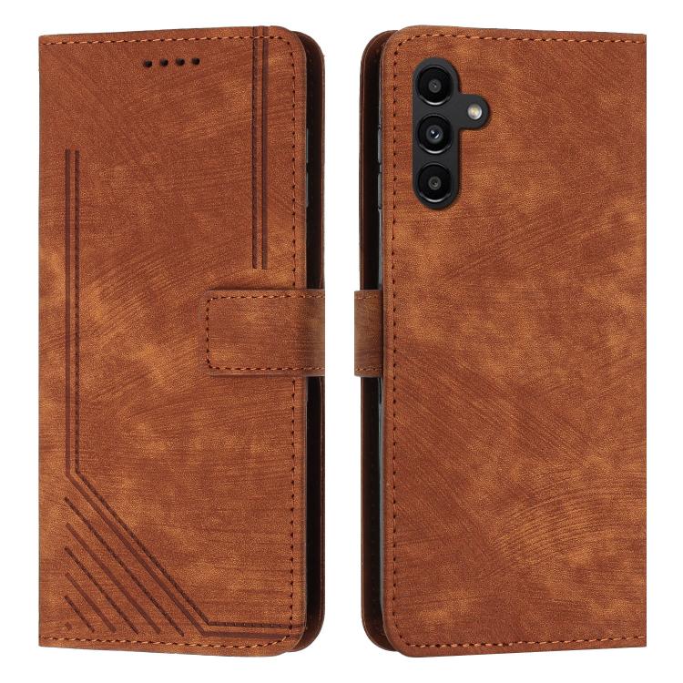 

For Samsung Galaxy S25 FE 5G Skin Feel Stripe Pattern Leather Phone Case with Lanyard(Brown)