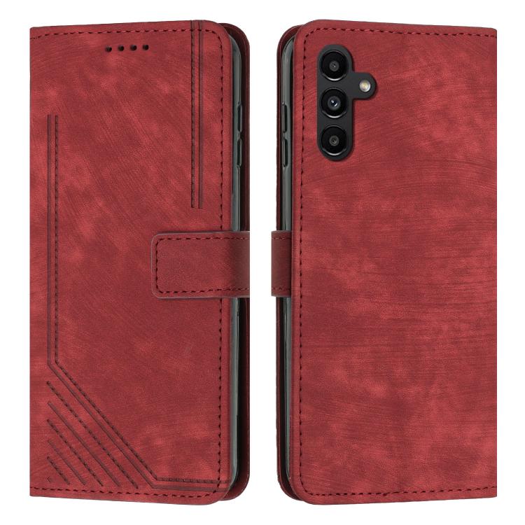 

For Samsung Galaxy S25 FE 5G Skin Feel Stripe Pattern Leather Phone Case with Lanyard(Red)
