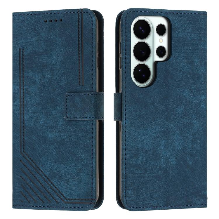 

For Samsung Galaxy S26 Ultra 5G Skin Feel Stripe Pattern Leather Phone Case with Lanyard(Blue)