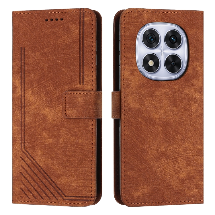 

For Redmi Note 14 Pro 5G Global Skin Feel Stripe Pattern Leather Phone Case with Lanyard(Brown)
