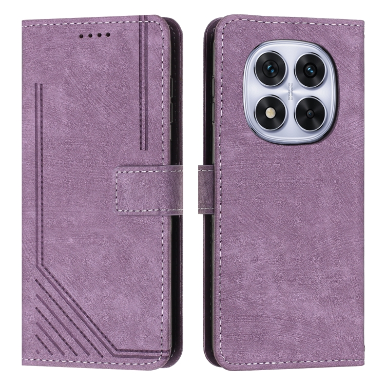 

For Redmi Note 14 Pro 5G Global Skin Feel Stripe Pattern Leather Phone Case with Lanyard(Purple)