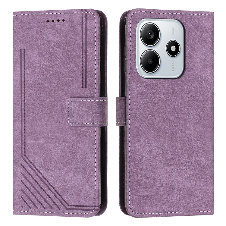 

For Redmi Note 14 5G Global Skin Feel Stripe Pattern Leather Phone Case with Lanyard(Purple)