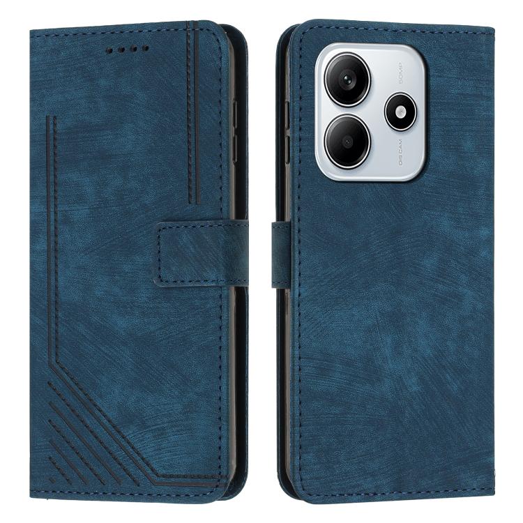 

For Redmi Note 14 4G 163.25mm Skin Feel Stripe Pattern Leather Phone Case with Lanyard(Blue)