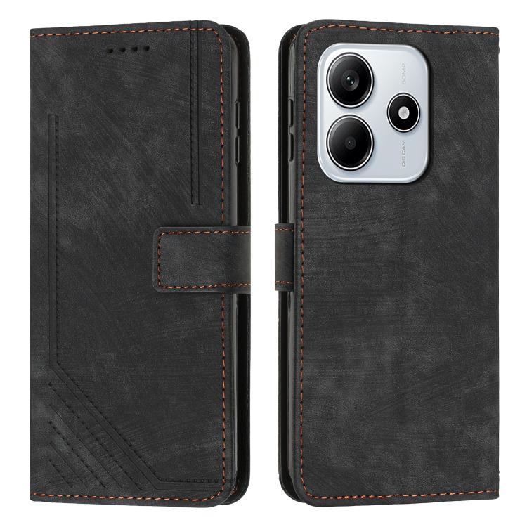 

For Redmi Note 14 4G 163.25mm Skin Feel Stripe Pattern Leather Phone Case with Lanyard(Black)