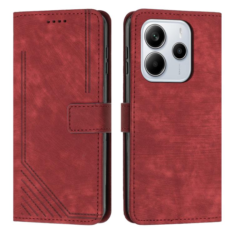 

For Redmi Note 14 4G 164.84mm Skin Feel Stripe Pattern Leather Phone Case with Lanyard(Red)