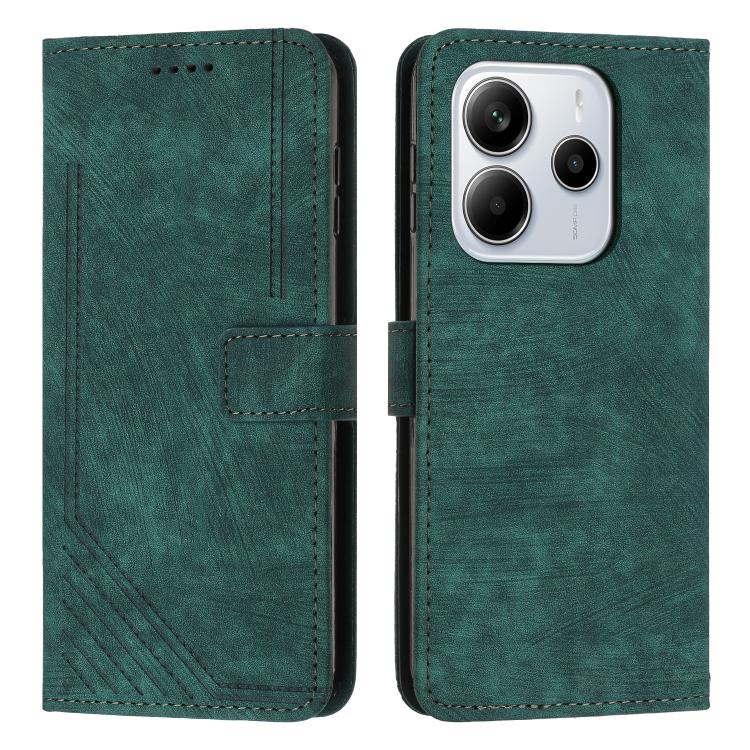 

For Redmi Note 14 4G 164.84mm Skin Feel Stripe Pattern Leather Phone Case with Lanyard(Green)