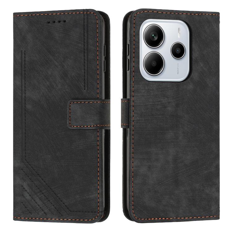 

For Redmi Note 14 4G 164.84mm Skin Feel Stripe Pattern Leather Phone Case with Lanyard(Black)