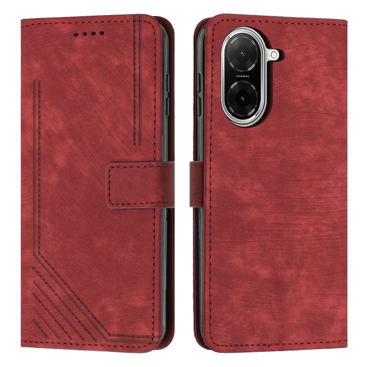 

For Redmi A5 5G 171.7mm / Poco C71 Skin Feel Stripe Pattern Leather Phone Case with Lanyard(Red)