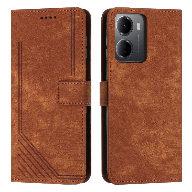 

For Redmi 15a 5G Skin Feel Stripe Pattern Leather Phone Case with Lanyard(Brown)