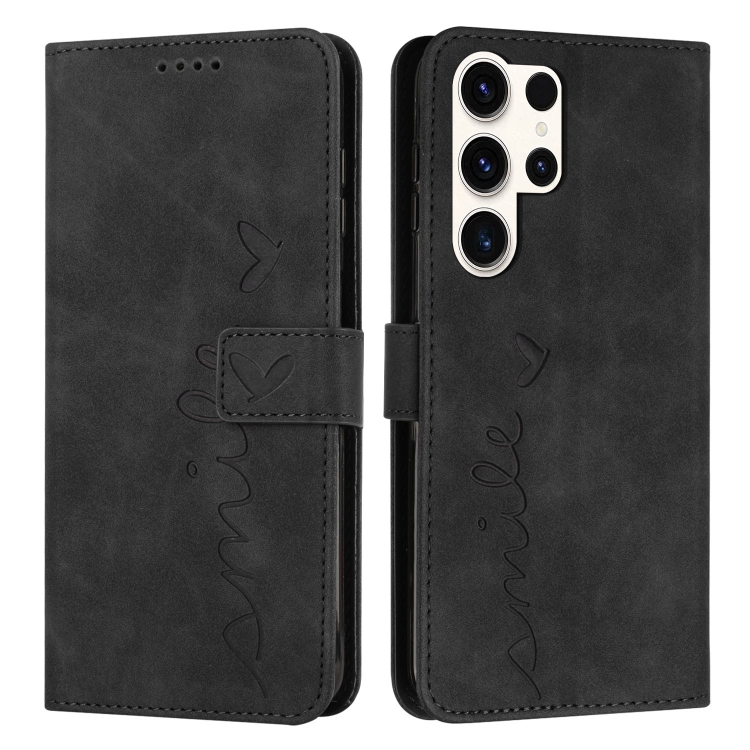 

For Samsung Galaxy S25 Ultra 5G Skin Feel Heart Embossed Leather Phone Case with Long Lanyard(Black)