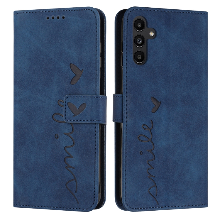 

For Samsung Galaxy S25 / S24 5G Skin Feel Heart Embossed Leather Phone Case with Long Lanyard(Blue)