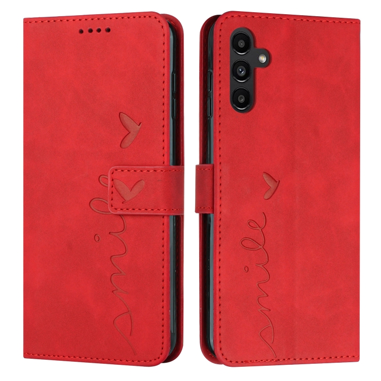 

For Samsung Galaxy S25 / S24 5G Skin Feel Heart Embossed Leather Phone Case with Long Lanyard(Red)