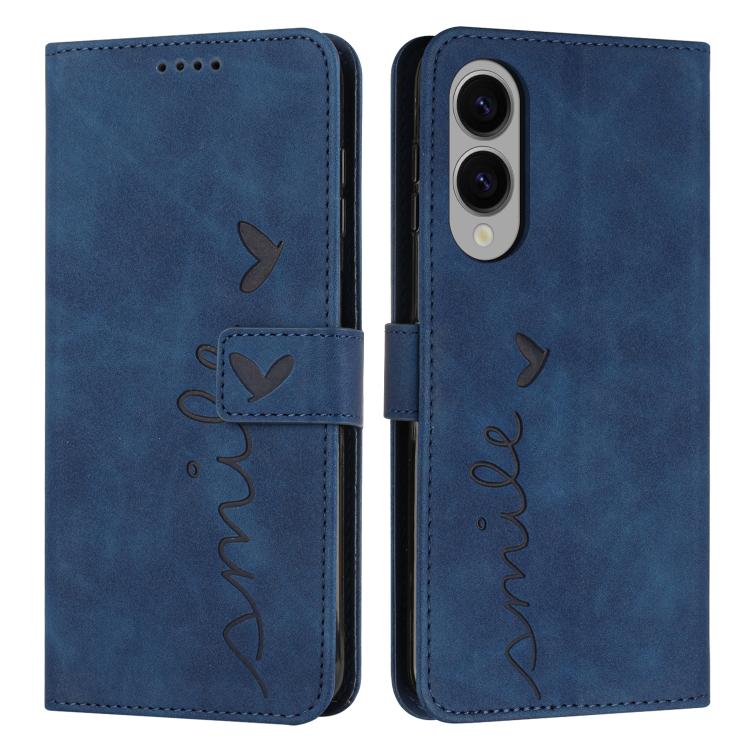 

For Samsung Galaxy S25 Edge 5G Skin Feel Heart Embossed Leather Phone Case with Long Lanyard(Blue)