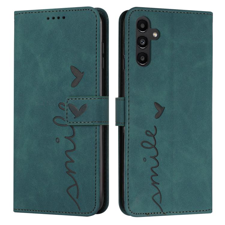 

For Samsung Galaxy S25 FE 5G Skin Feel Heart Embossed Leather Phone Case with Long Lanyard(Green)