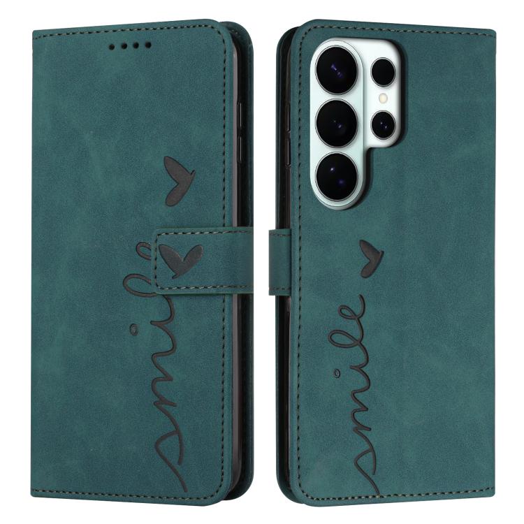 

For Samsung Galaxy S26 Ultra 5G Skin Feel Heart Embossed Leather Phone Case with Long Lanyard(Green)