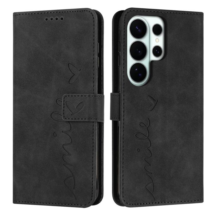 

For Samsung Galaxy S26 Ultra 5G Skin Feel Heart Embossed Leather Phone Case with Long Lanyard(Black)