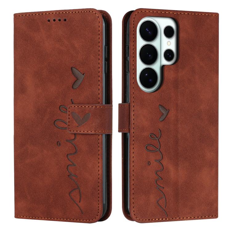 

For Samsung Galaxy S26 Ultra 5G Skin Feel Heart Embossed Leather Phone Case with Long Lanyard(Brown)