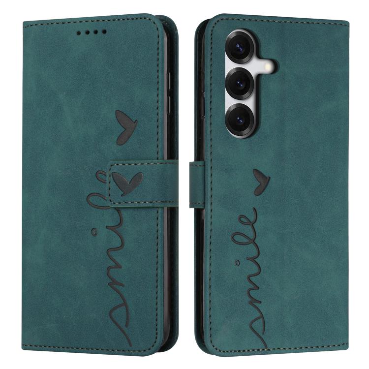 

For Samsung Galaxy S26+ 5G Skin Feel Heart Embossed Leather Phone Case with Long Lanyard(Green)