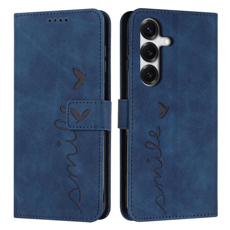 

For Samsung Galaxy S26+ 5G Skin Feel Heart Embossed Leather Phone Case with Long Lanyard(Blue)