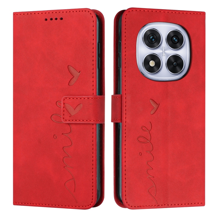

For Redmi Note 14 Pro 5G Global Skin Feel Heart Embossed Leather Phone Case with Long Lanyard(Red)