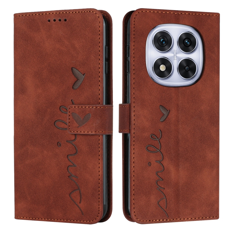 

For Redmi Note 14 Pro 5G Global Skin Feel Heart Embossed Leather Phone Case with Long Lanyard(Brown)