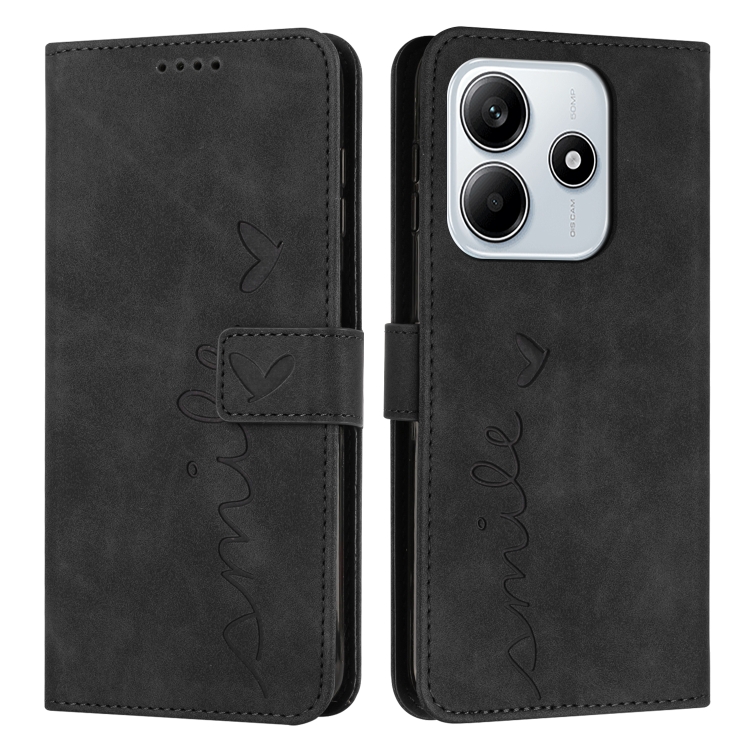 

For Redmi Note 14 5G Global Skin Feel Heart Embossed Leather Phone Case with Long Lanyard(Black)