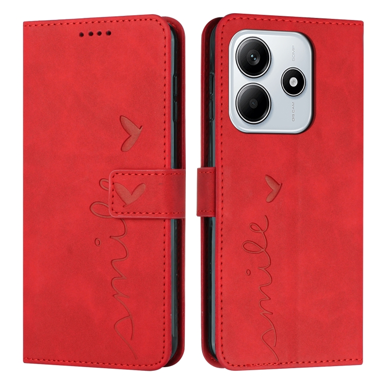 

For Redmi Note 14 5G Global Skin Feel Heart Embossed Leather Phone Case with Long Lanyard(Red)