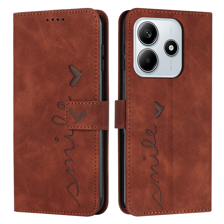 

For Redmi Note 14 5G Global Skin Feel Heart Embossed Leather Phone Case with Long Lanyard(Brown)