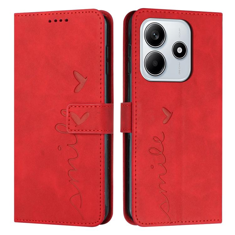 

For Redmi Note 14 4G 163.25mm Skin Feel Heart Embossed Leather Phone Case with Long Lanyard(Red)