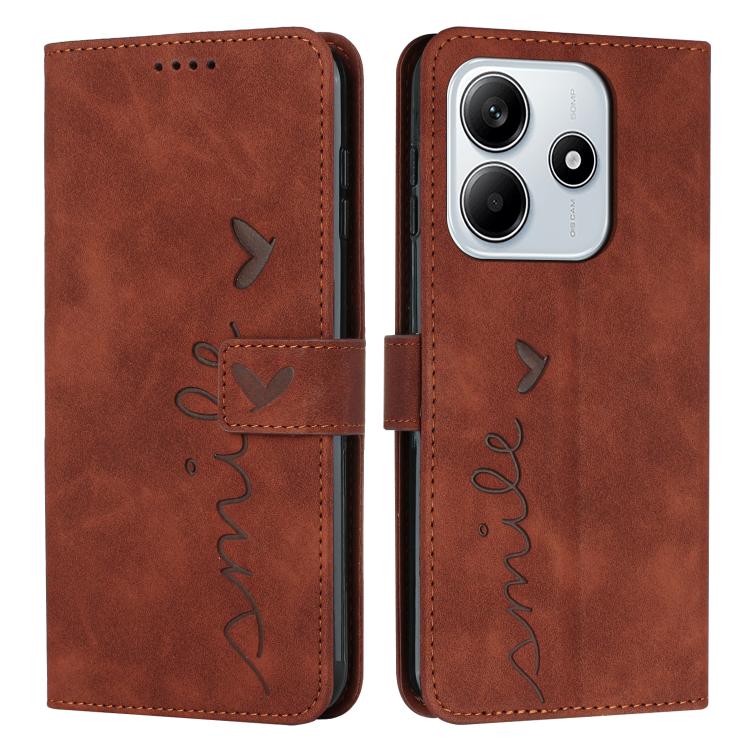

For Redmi Note 14 4G 163.25mm Skin Feel Heart Embossed Leather Phone Case with Long Lanyard(Brown)