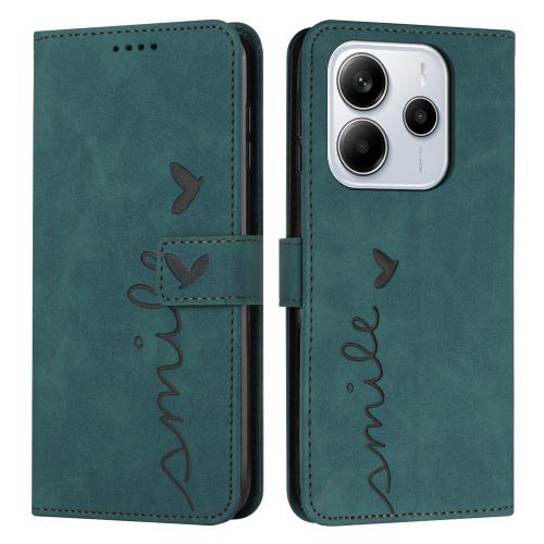 

For Redmi Note 14 4G 164.84mm Skin Feel Heart Embossed Leather Phone Case with Long Lanyard(Green)