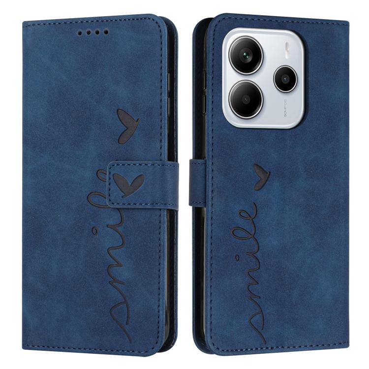 

For Redmi Note 14 4G 164.84mm Skin Feel Heart Embossed Leather Phone Case with Long Lanyard(Blue)