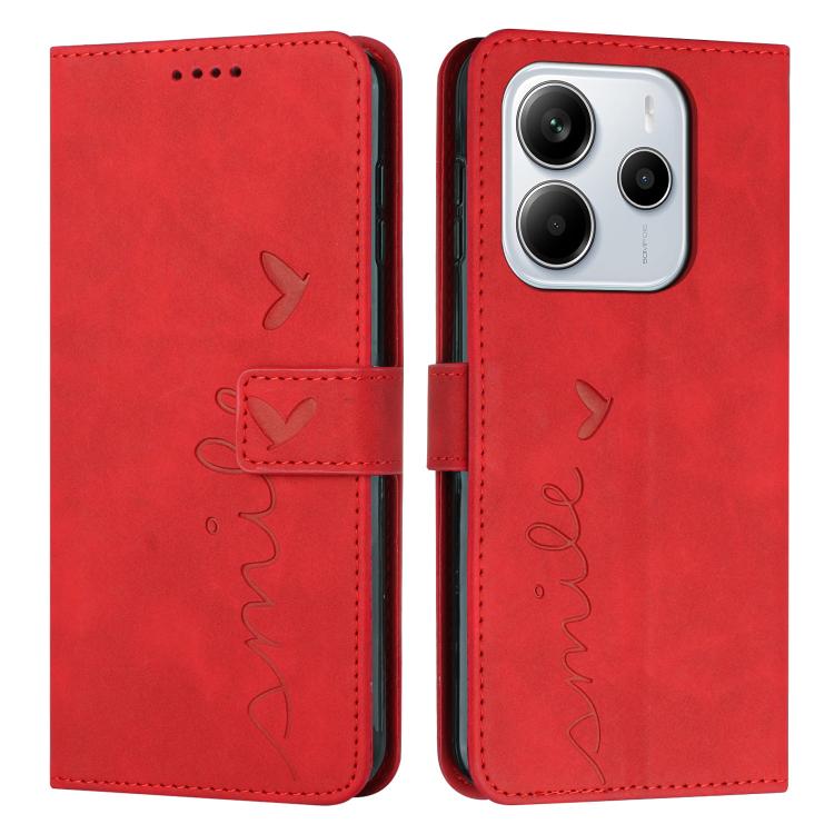 For Redmi Note 14 4G 164.84mm Skin Feel Heart Embossed Leather Phone Case with Long Lanyard(Red)