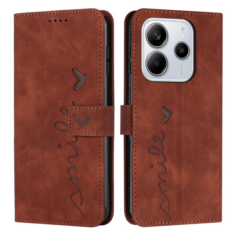 

For Redmi Note 14 4G 164.84mm Skin Feel Heart Embossed Leather Phone Case with Long Lanyard(Brown)